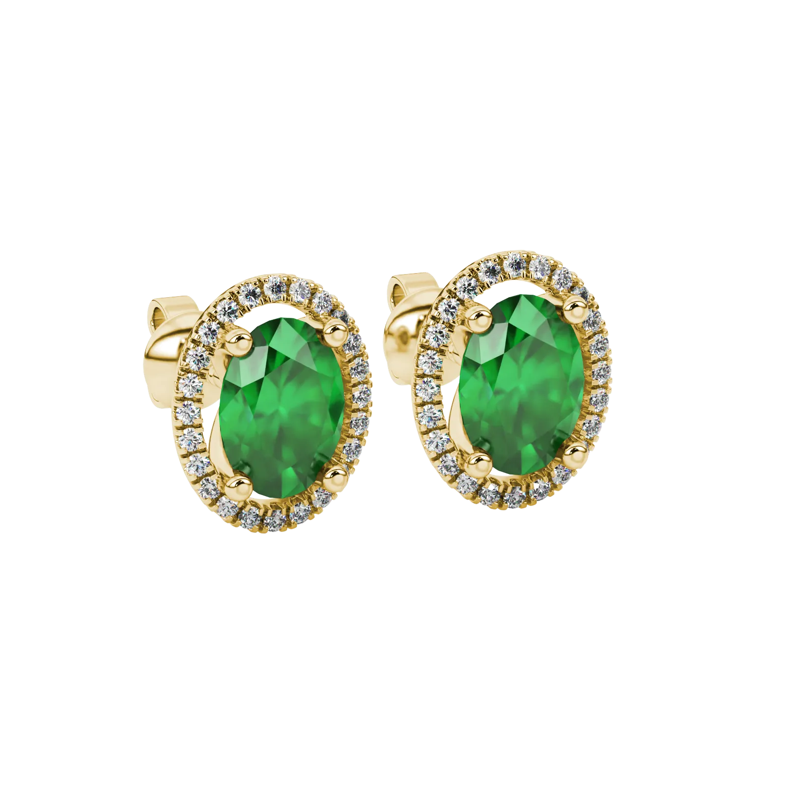 Close-up, oval cut emerald green gemstone, yellow gold french pavé halo earrings.