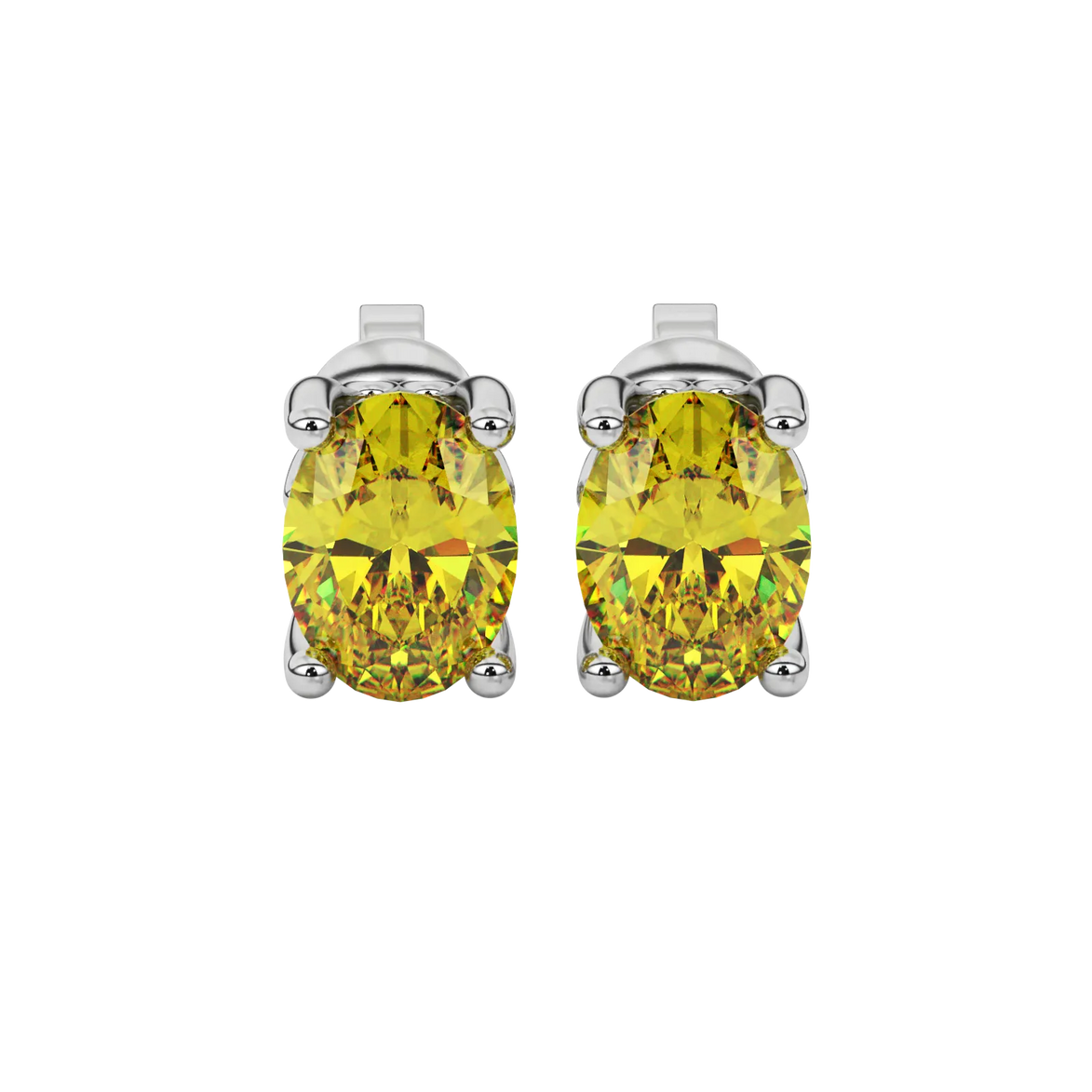 Oval cut canary yellow gemstone earrings, white gold lotus basket setting.