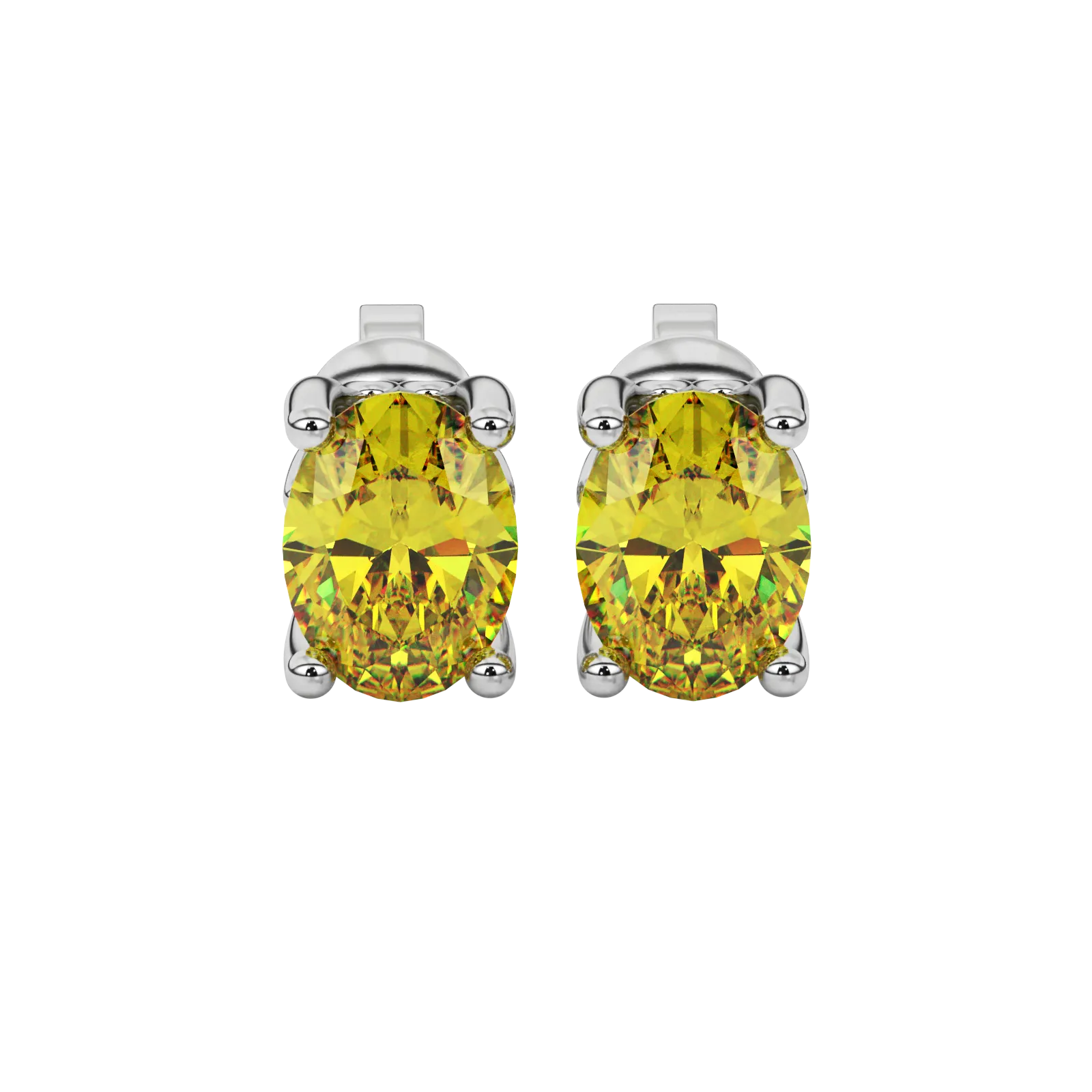 Oval cut canary yellow gemstone earrings, white gold lotus basket setting.