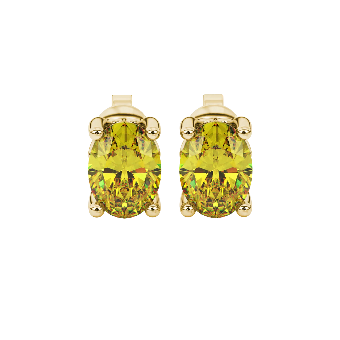 Oval cut canary yellow gemstone earrings, yellow gold lotus basket setting.