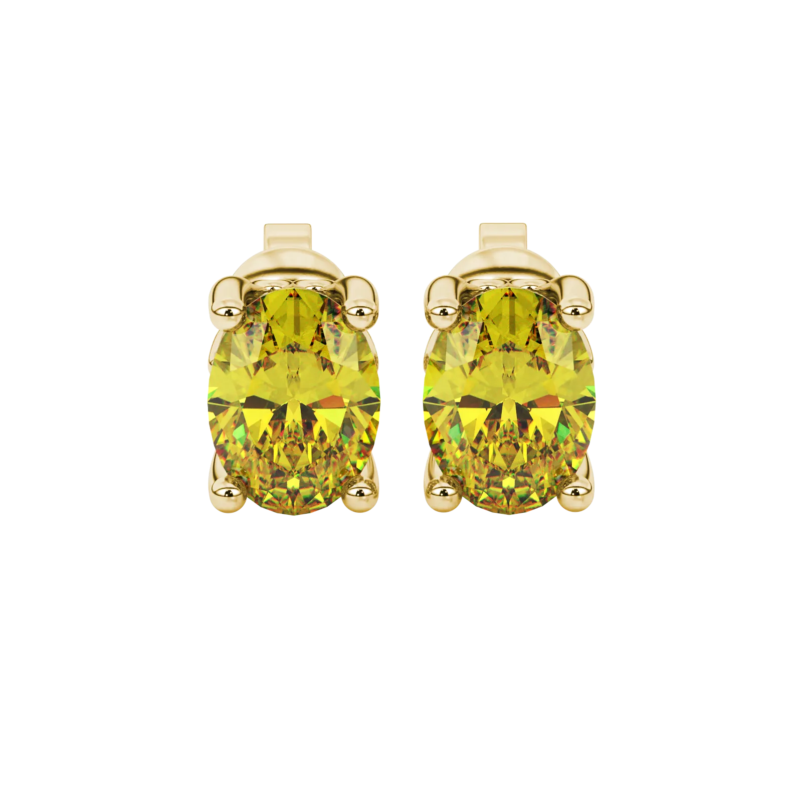 Oval cut canary yellow gemstone earrings, yellow gold lotus basket setting.