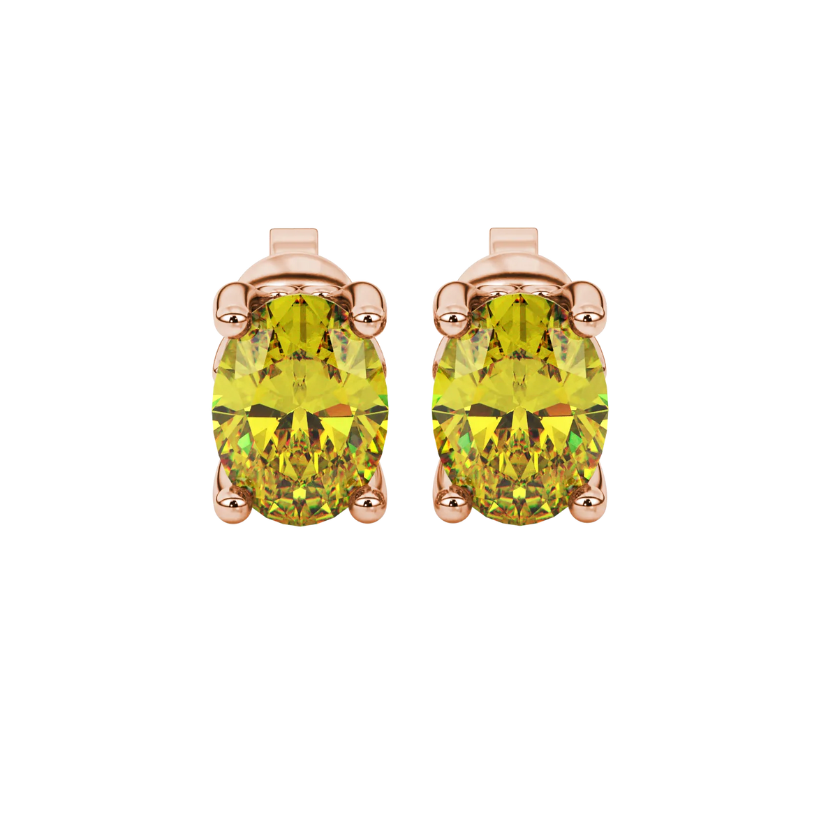 Oval cut canary yellow gemstone earrings, rose gold lotus basket setting.
