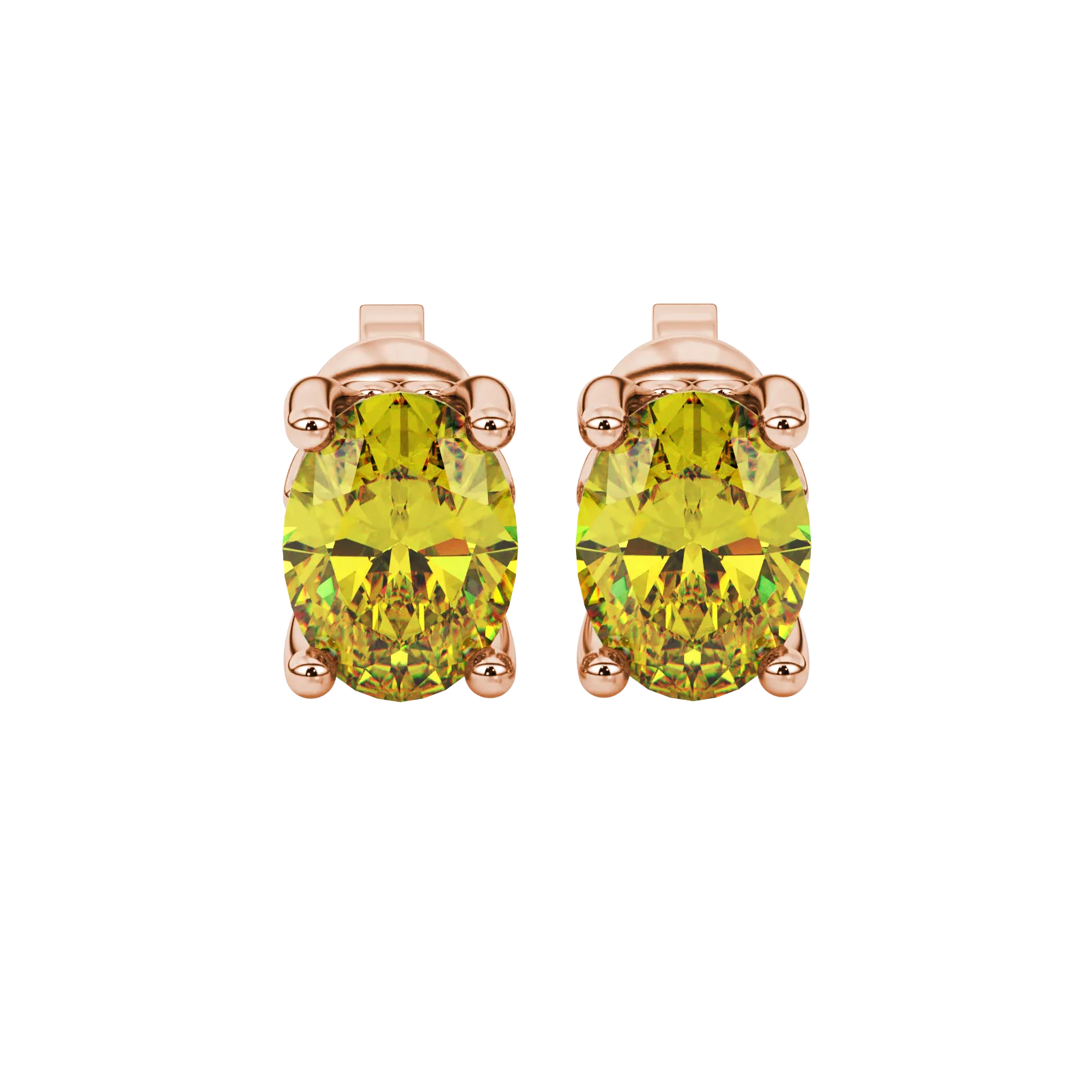 Oval cut canary yellow gemstone earrings, rose gold lotus basket setting.