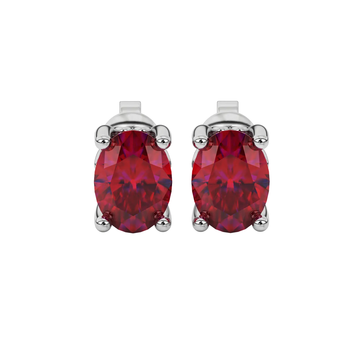Close-up oval cut raspberry red gemstone earing, white gold lotus basket.