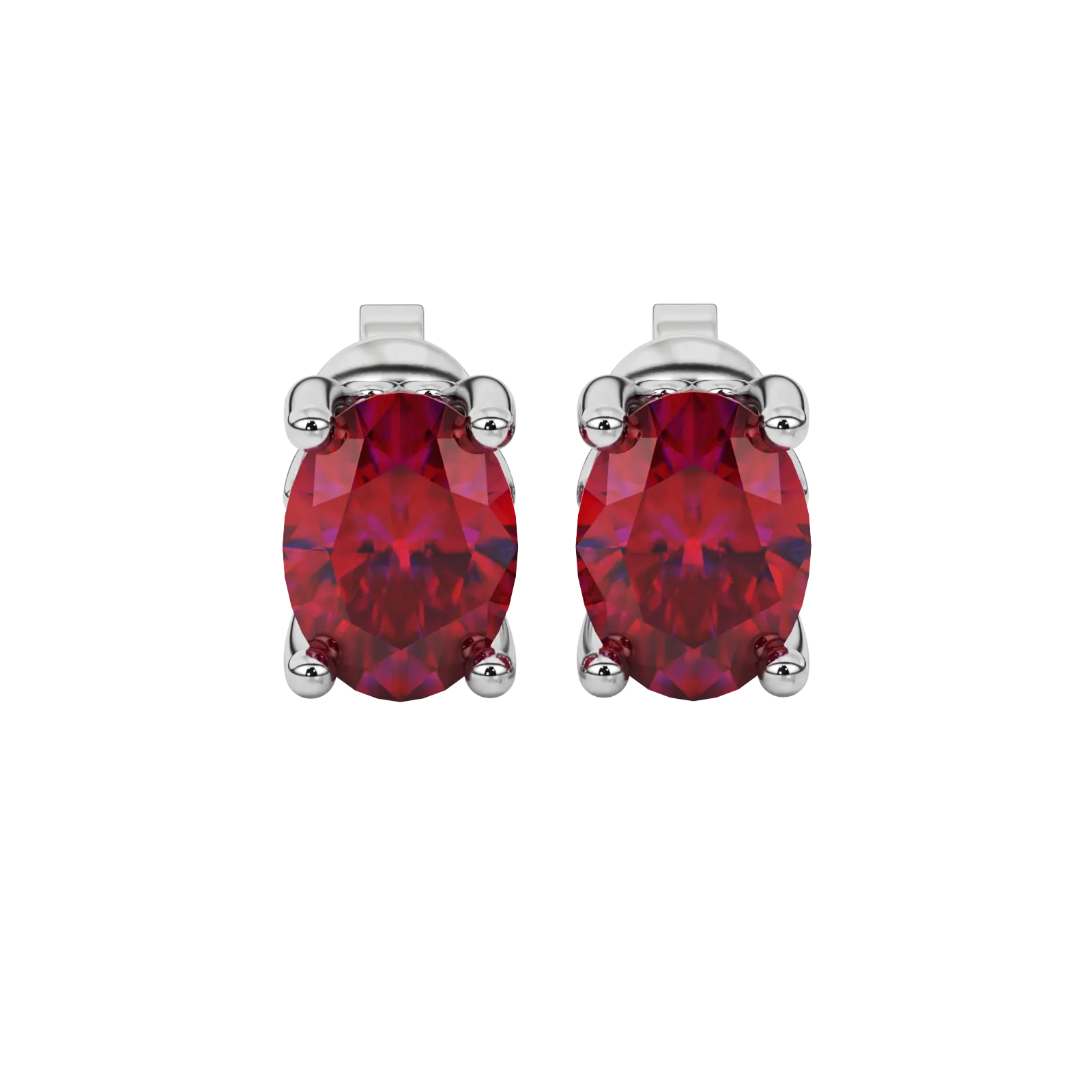 Close-up oval cut raspberry red gemstone earing, white gold lotus basket.