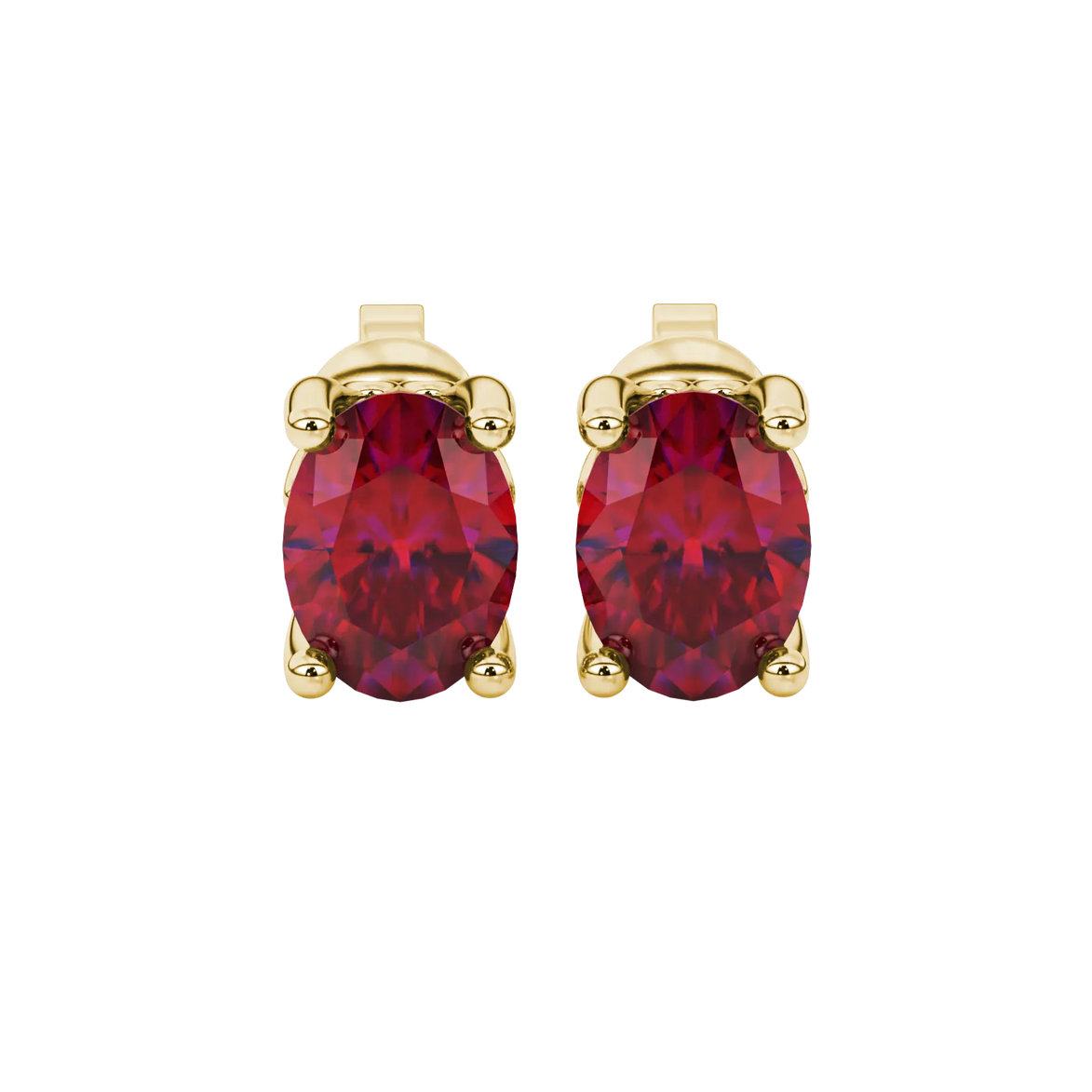Close-up, oval cut raspberry red gemstone, yellow gold lotus basket earrings.