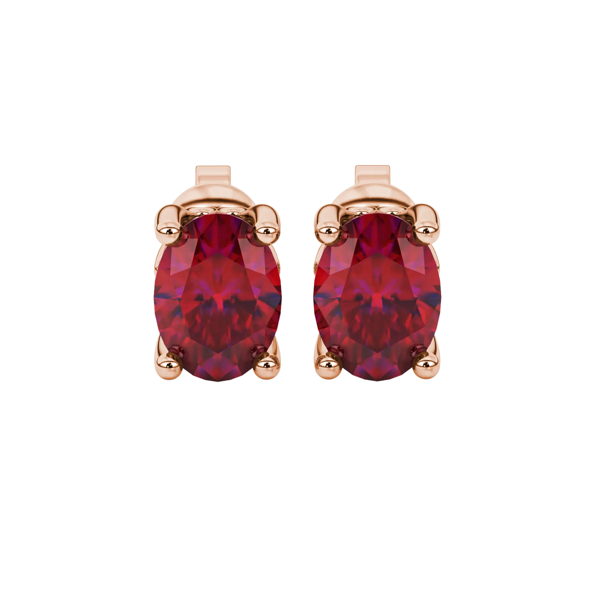 Oval cut raspberry red gemstone earrings, rose gold lotus basket setting.