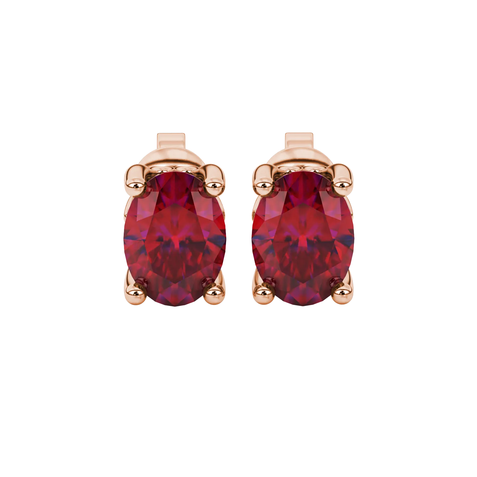 Oval cut raspberry red gemstone earrings, rose gold lotus basket setting.
