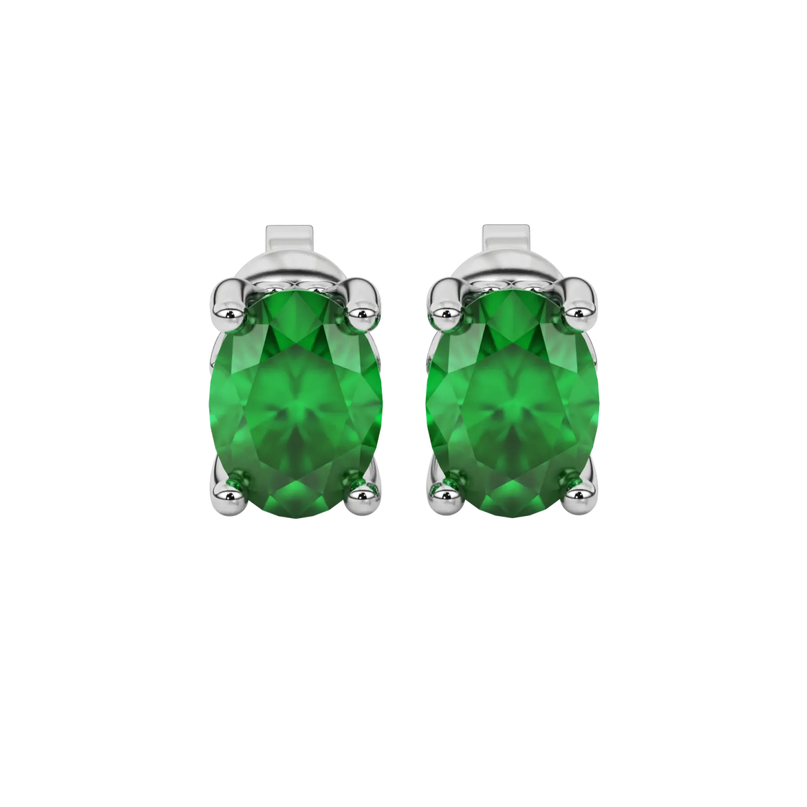 Oval cut emerald green gemstone earrings, white gold lotus basket setting.