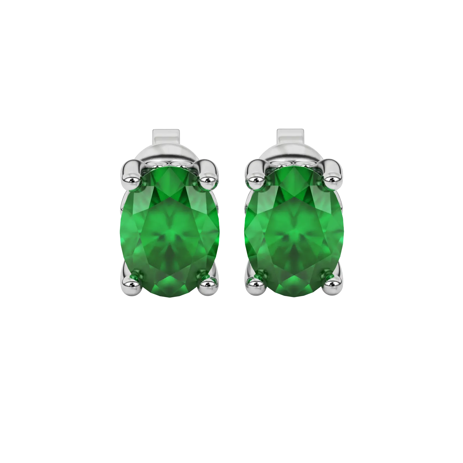 Oval cut emerald green gemstone earrings, white gold lotus basket setting.