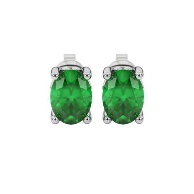 Oval cut emerald green gemstone earrings, white gold lotus basket setting.