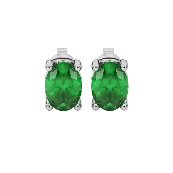 Oval cut emerald green gemstone earrings, white gold lotus basket setting.