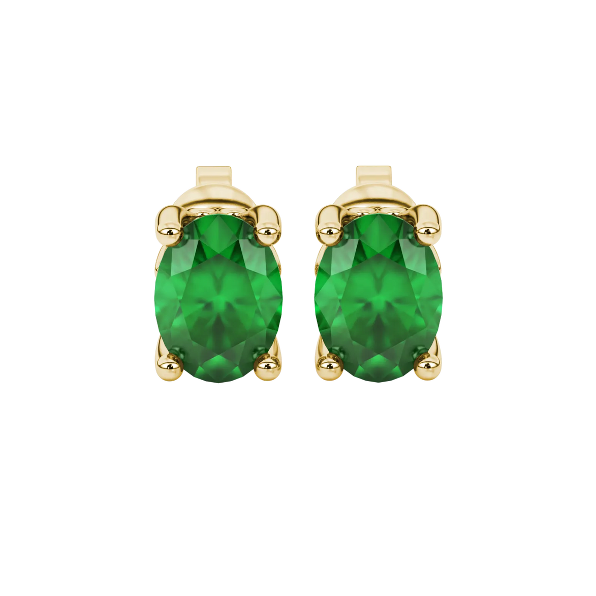 Close-up, oval cut emerald green gemstone, yellow gold lotus basket earrings.
