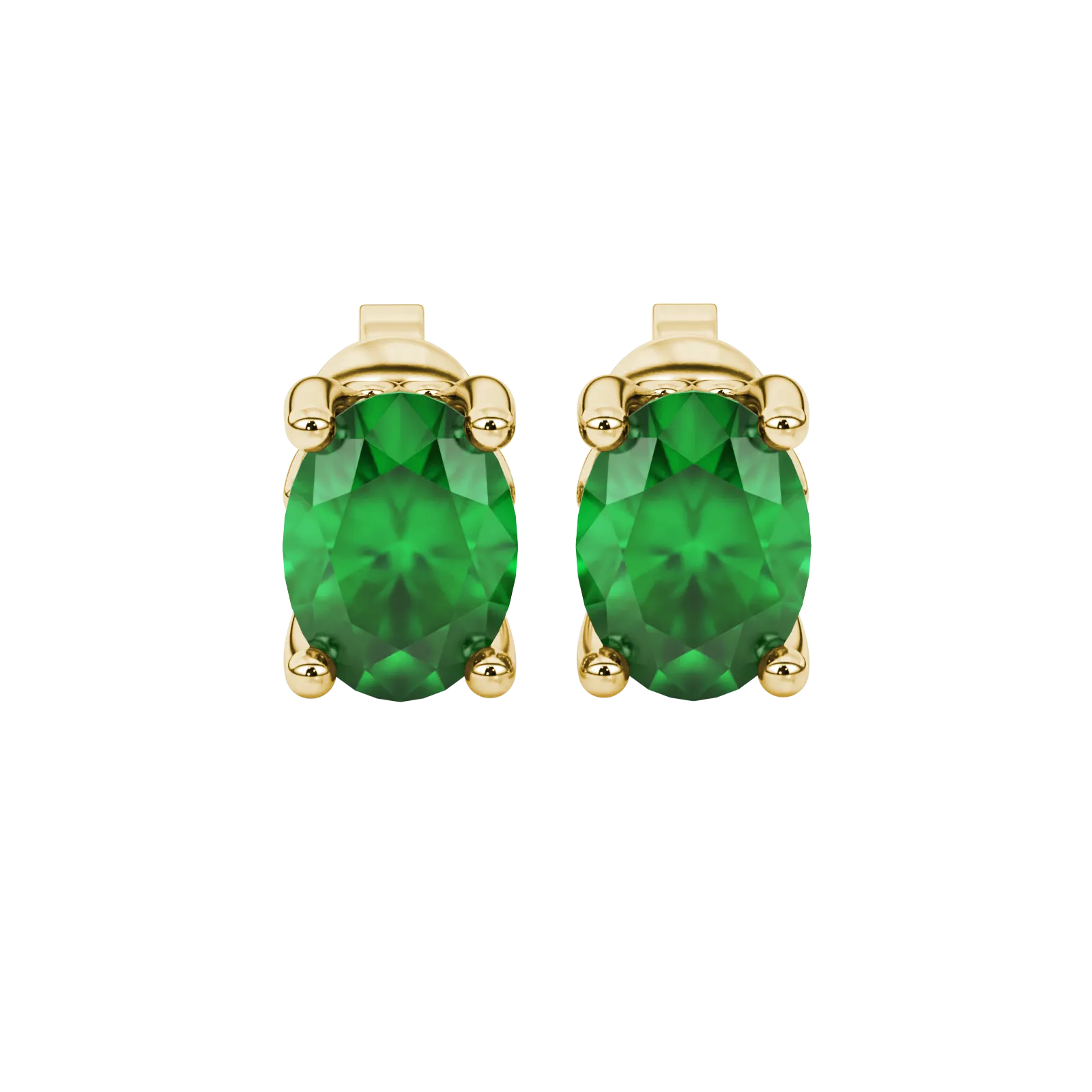 Close-up, oval cut emerald green gemstone, yellow gold lotus basket earrings.