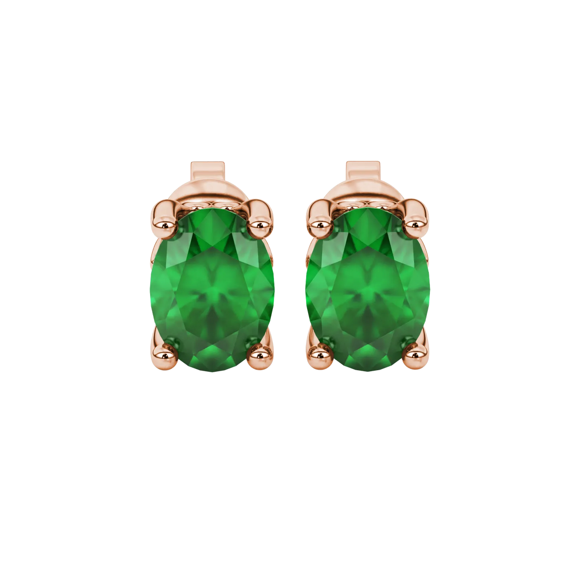 Oval cut emerald green gemstone earrings, rose gold lotus basket setting.