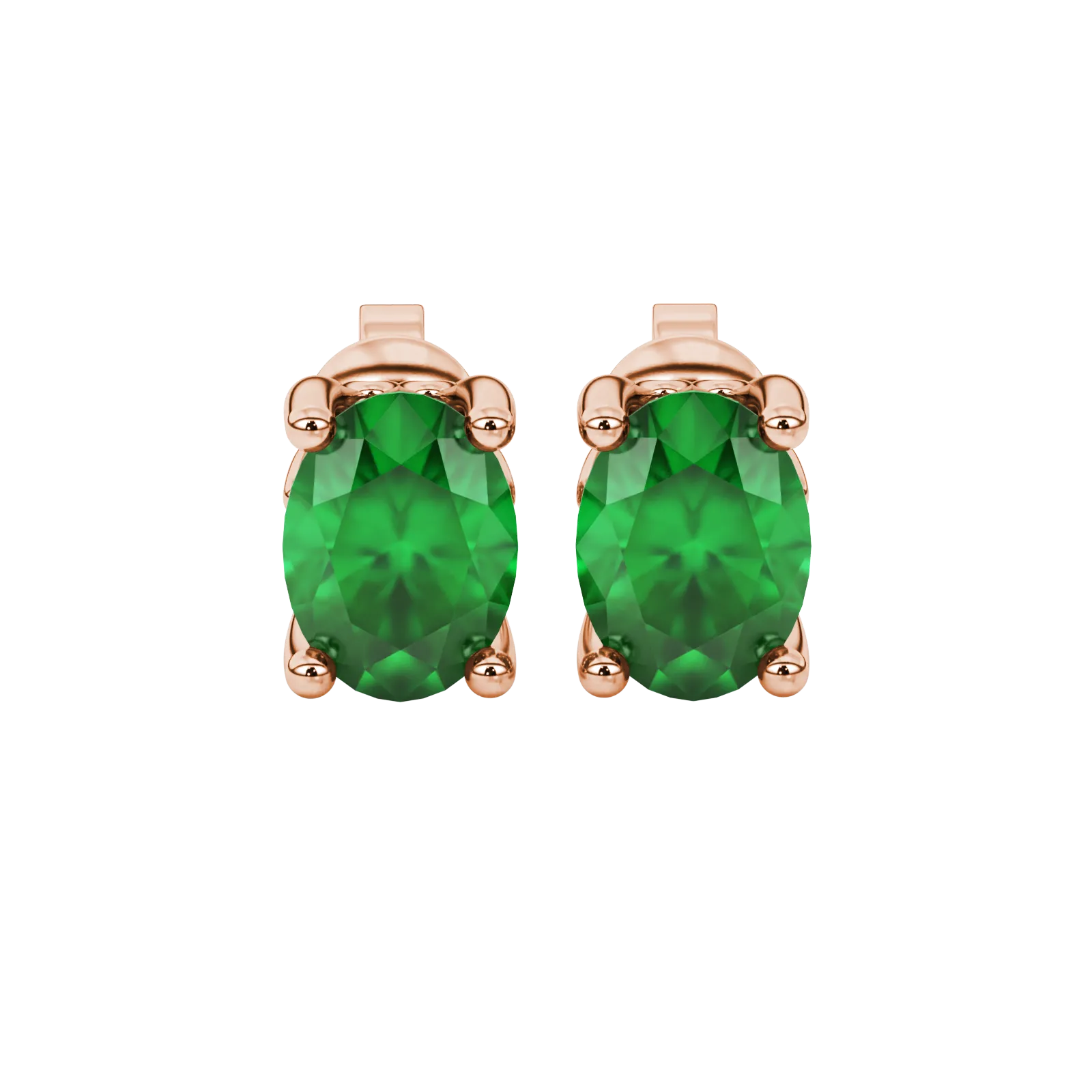 Oval cut emerald green gemstone earrings, rose gold lotus basket setting.