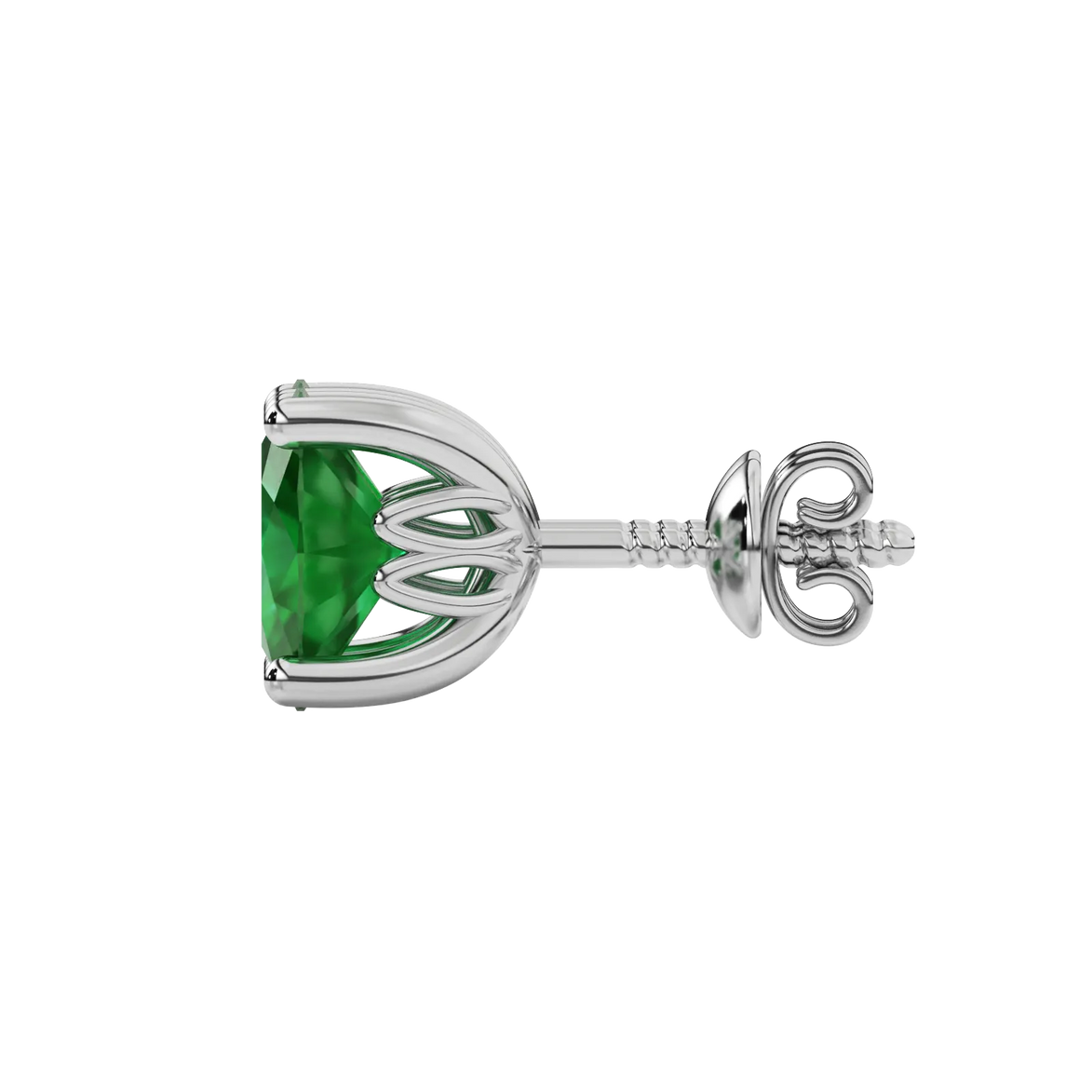 Side profile, white gold emerald green earrings, lotus basket gallery.