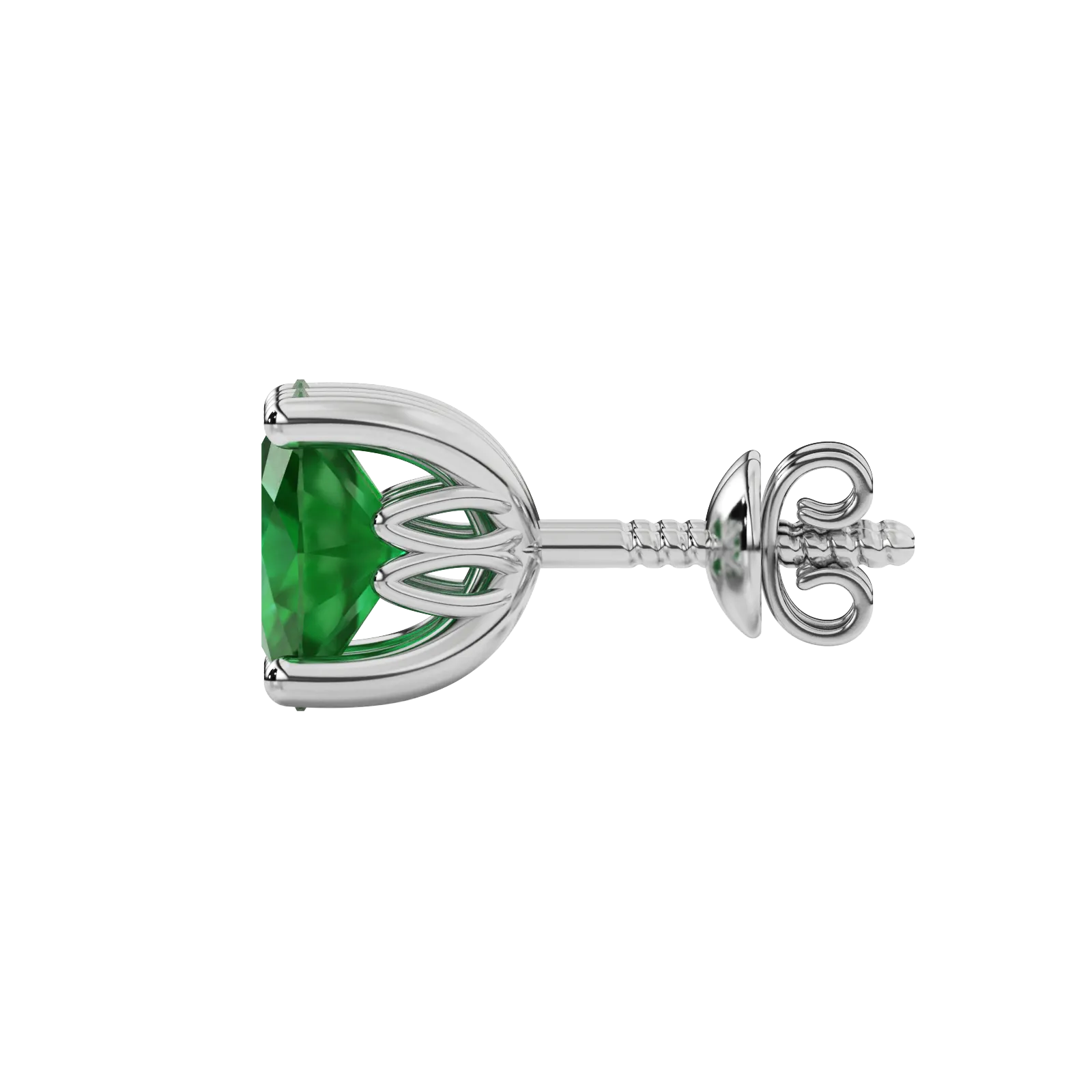 Side profile, white gold emerald green earrings, lotus basket gallery.