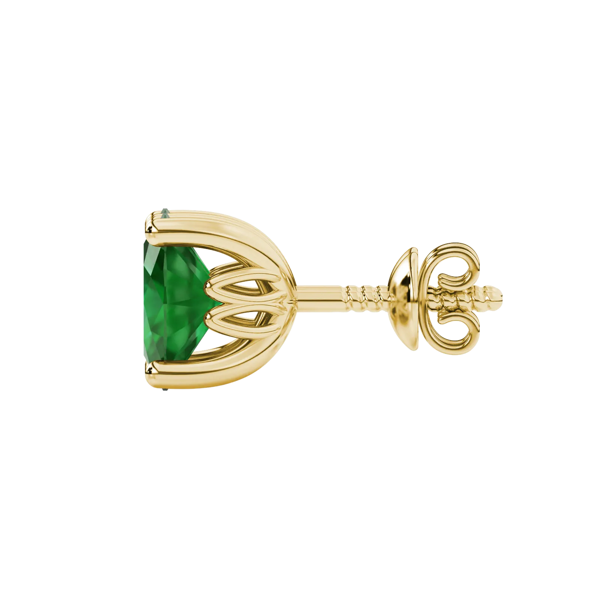 Side profile, yellow gold emerald green earrings, lotus basket gallery.