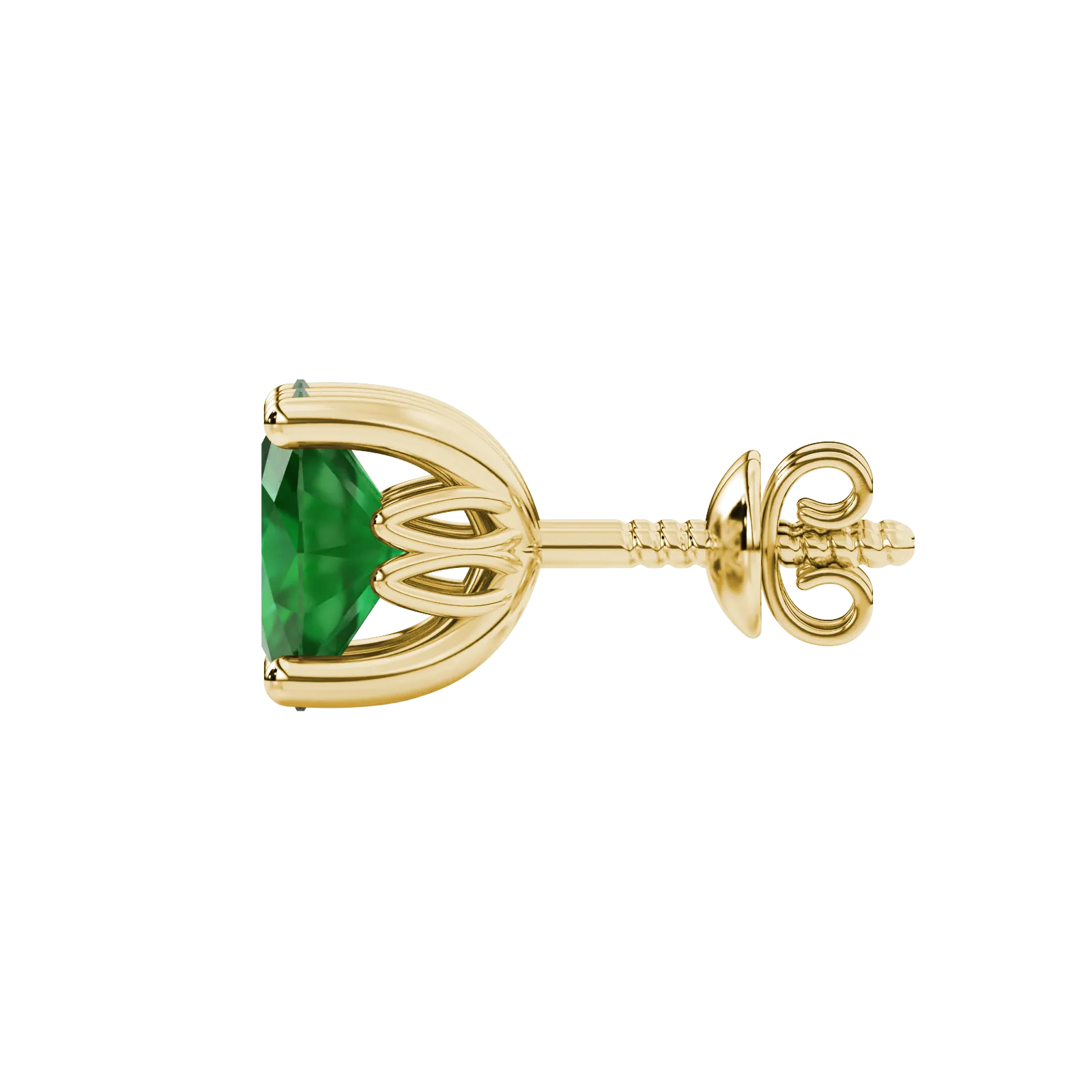 Side profile, yellow gold emerald green earrings, lotus basket gallery.