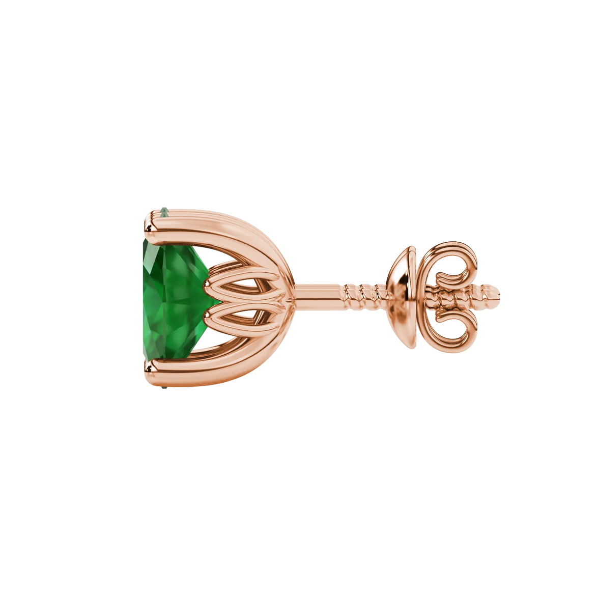 Side profile, rose gold emerald green earrings, lotus basket gallery.