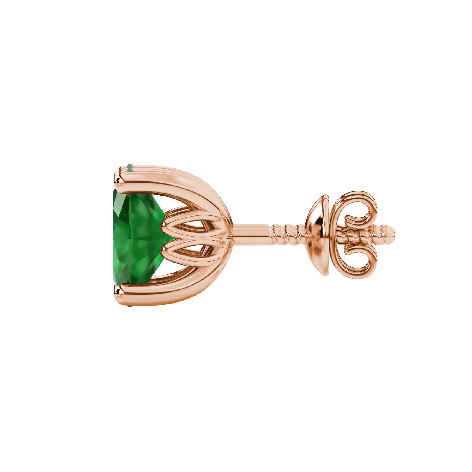 Side profile, rose gold emerald green earrings, lotus basket gallery.