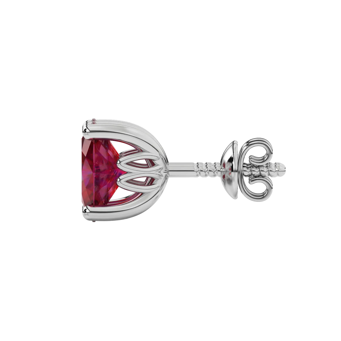 Side profile, white gold raspberry red earrings, lotus basket gallery.