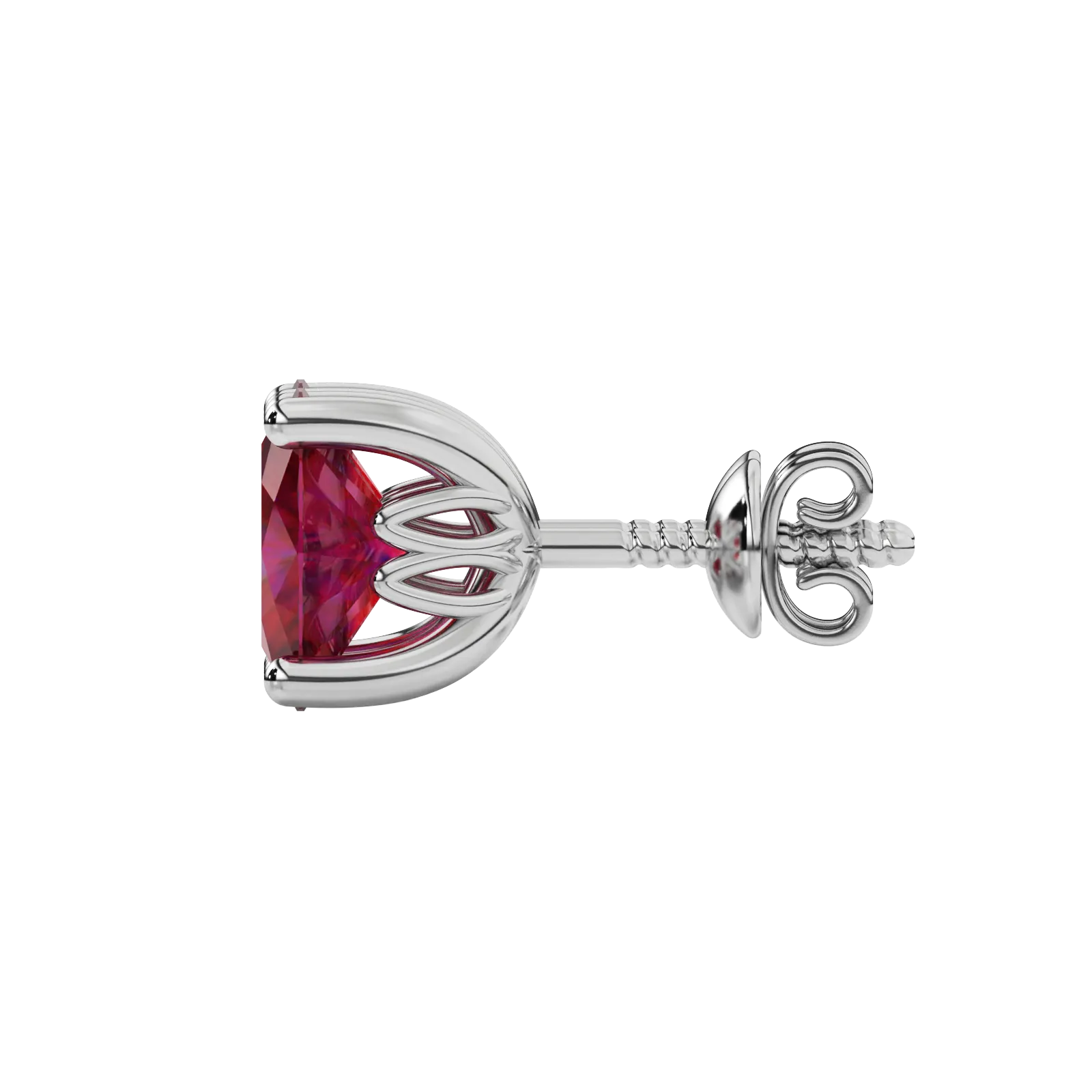 Side profile, white gold raspberry red earrings, lotus basket gallery.