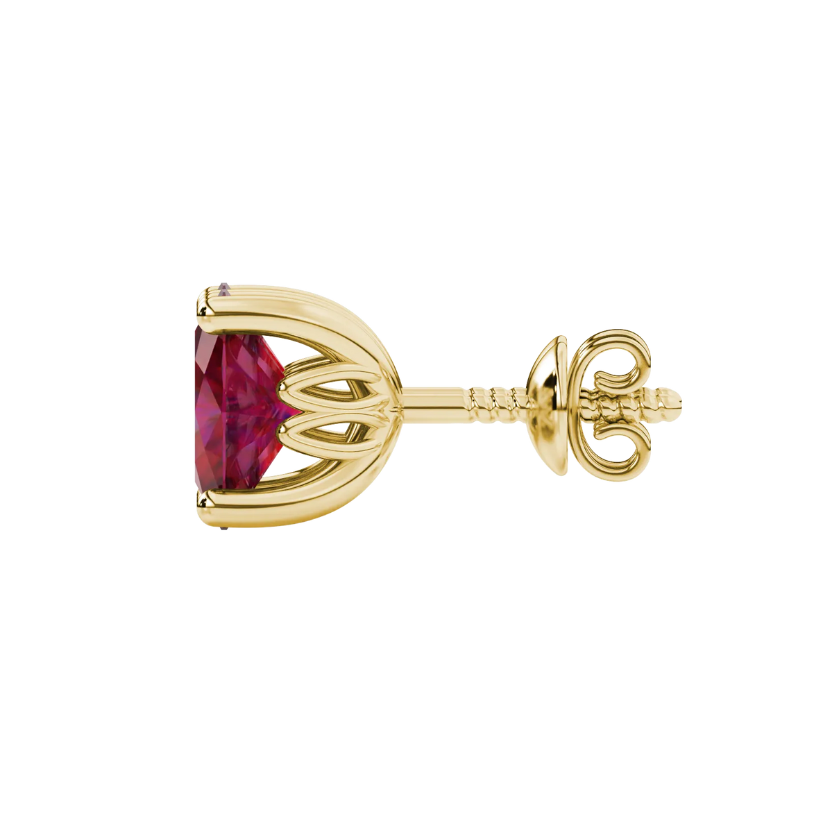 Side profile, yellow gold raspberry red earrings, lotus basket gallery.