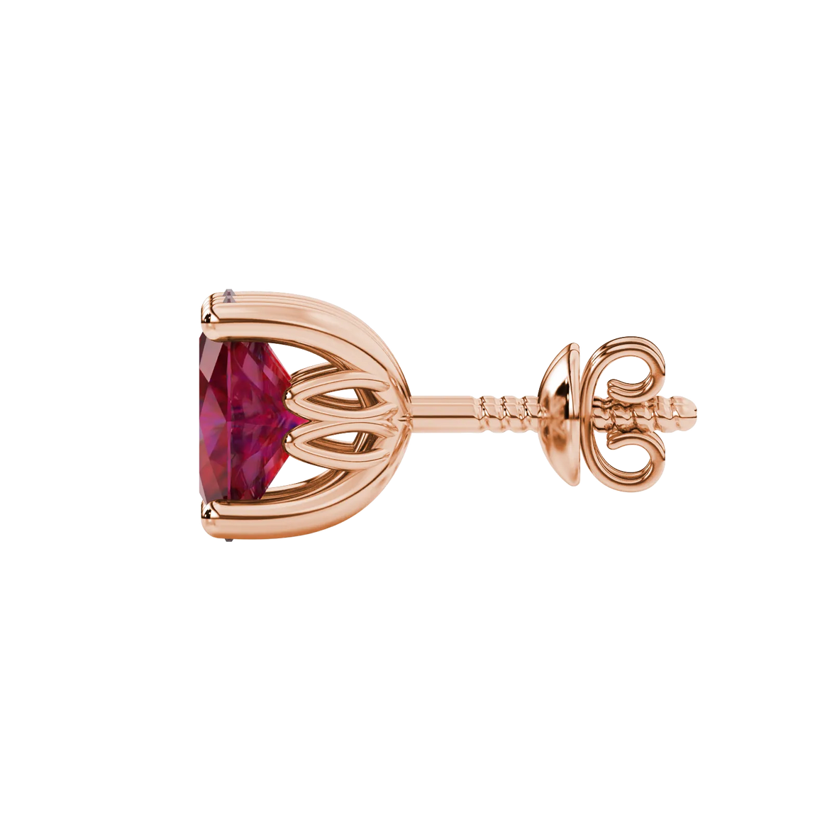 Side profile, rose gold raspberry red earrings, lotus basket gallery.