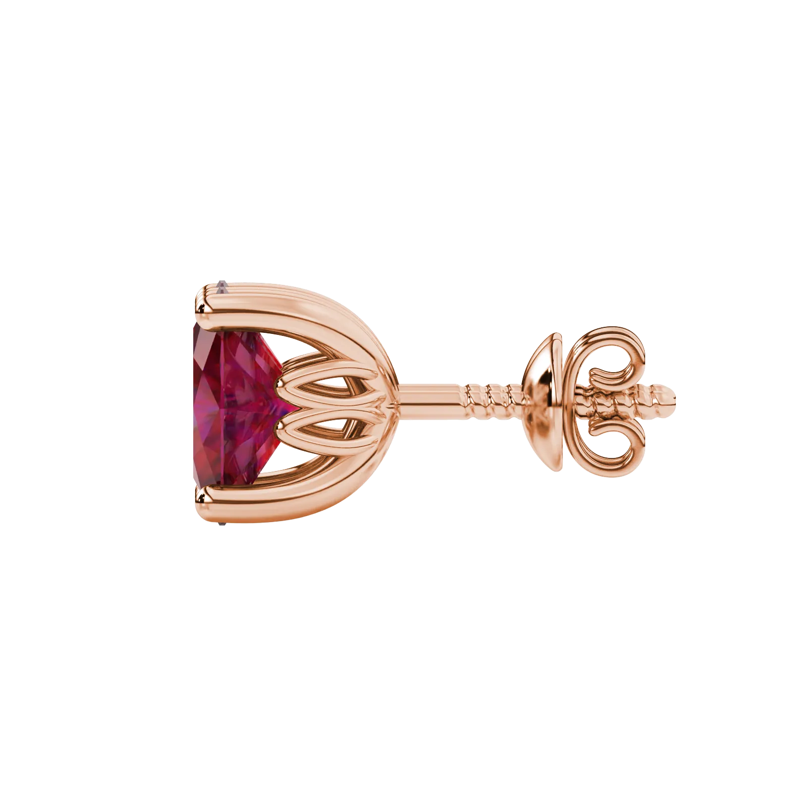 Side profile, rose gold raspberry red earrings, lotus basket gallery.