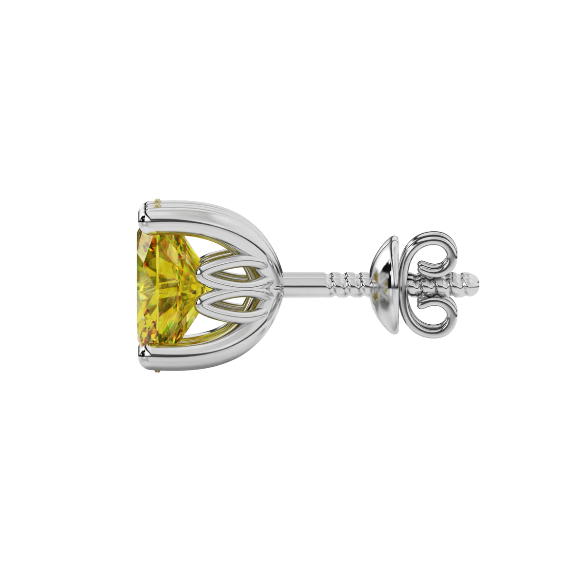 Side profile, white gold canary yellow earrings, lotus basket gallery.