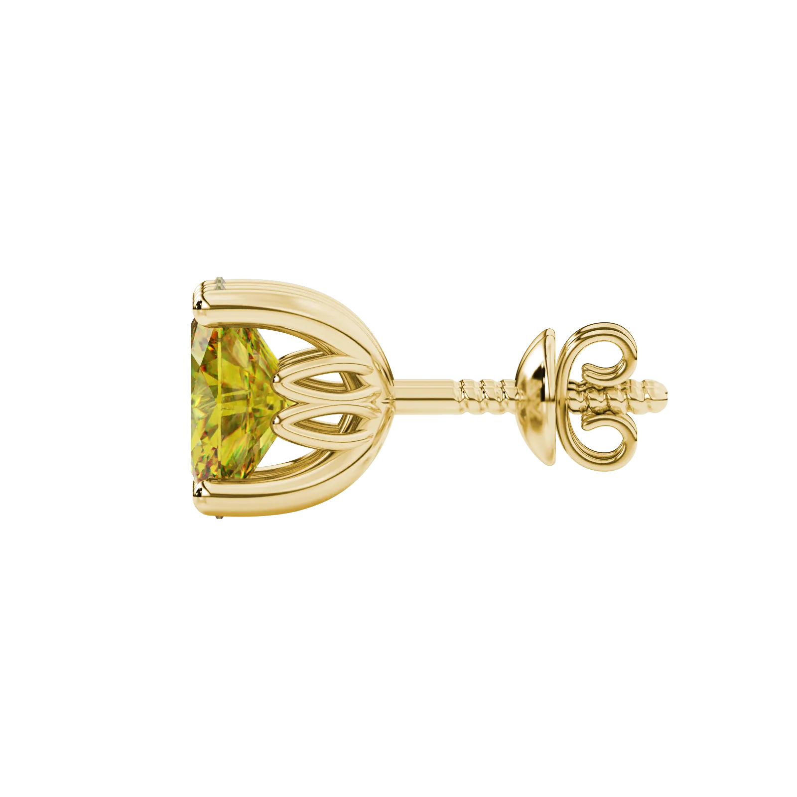 Side profile, yellow gold canary yellow earrings, lotus basket gallery.