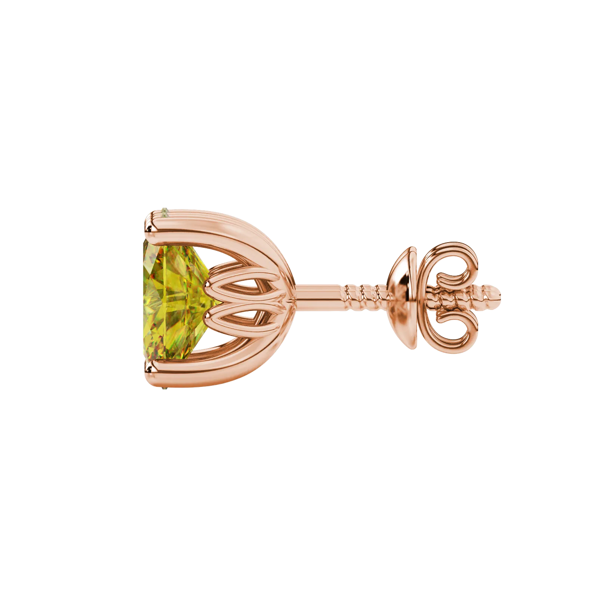 Side profile, rose gold canary yellow earrings, lotus basket gallery.