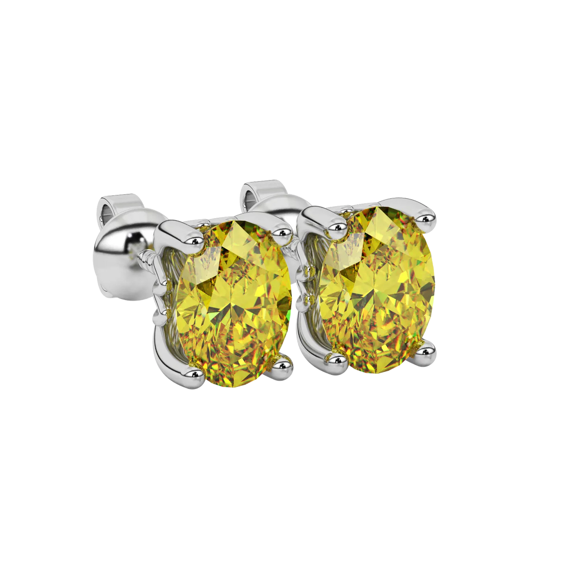 Close-up oval cut canary yellow gemstone earing, white gold lotus basket.
