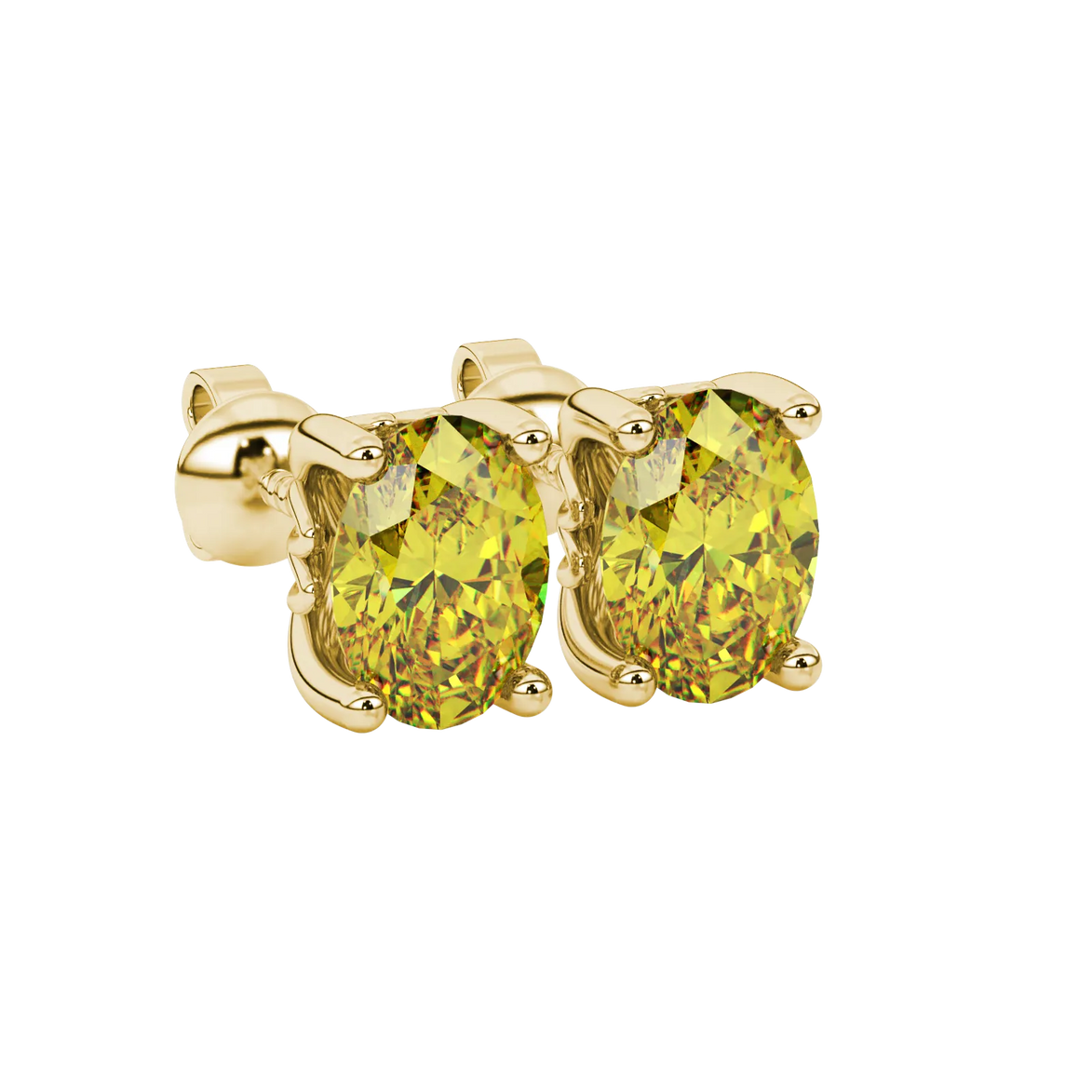 Close-up, oval cut canary yellow gemstone, yellow gold lotus basket earrings.