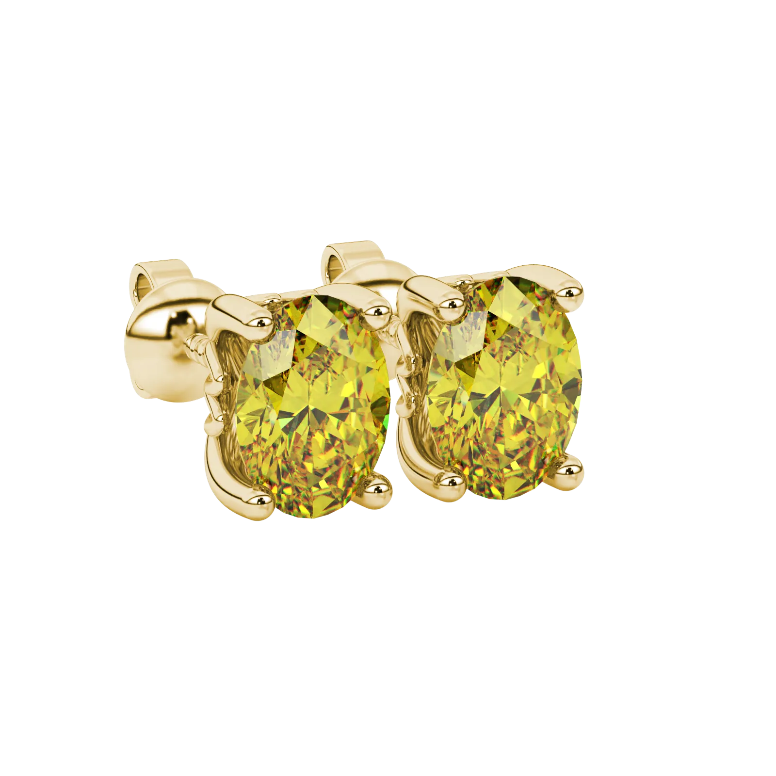 Close-up, oval cut canary yellow gemstone, yellow gold lotus basket earrings.