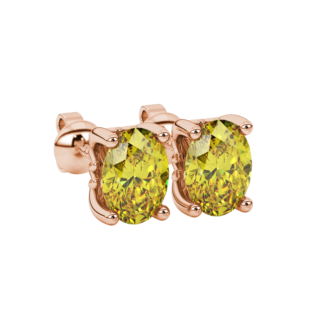 Close-up, oval cut canary yellow gemstone earrings, rose gold lotus basket.