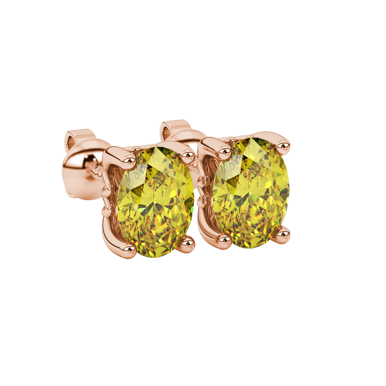 Close-up, oval cut canary yellow gemstone earrings, rose gold lotus basket.