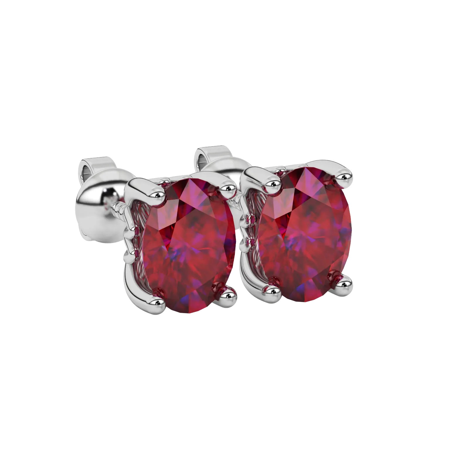Oval cut raspberry red gemstone earrings, white gold lotus basket setting.