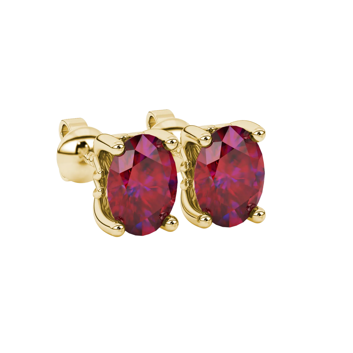 Oval cut raspberry red gemstone earrings, yellow gold lotus basket setting.