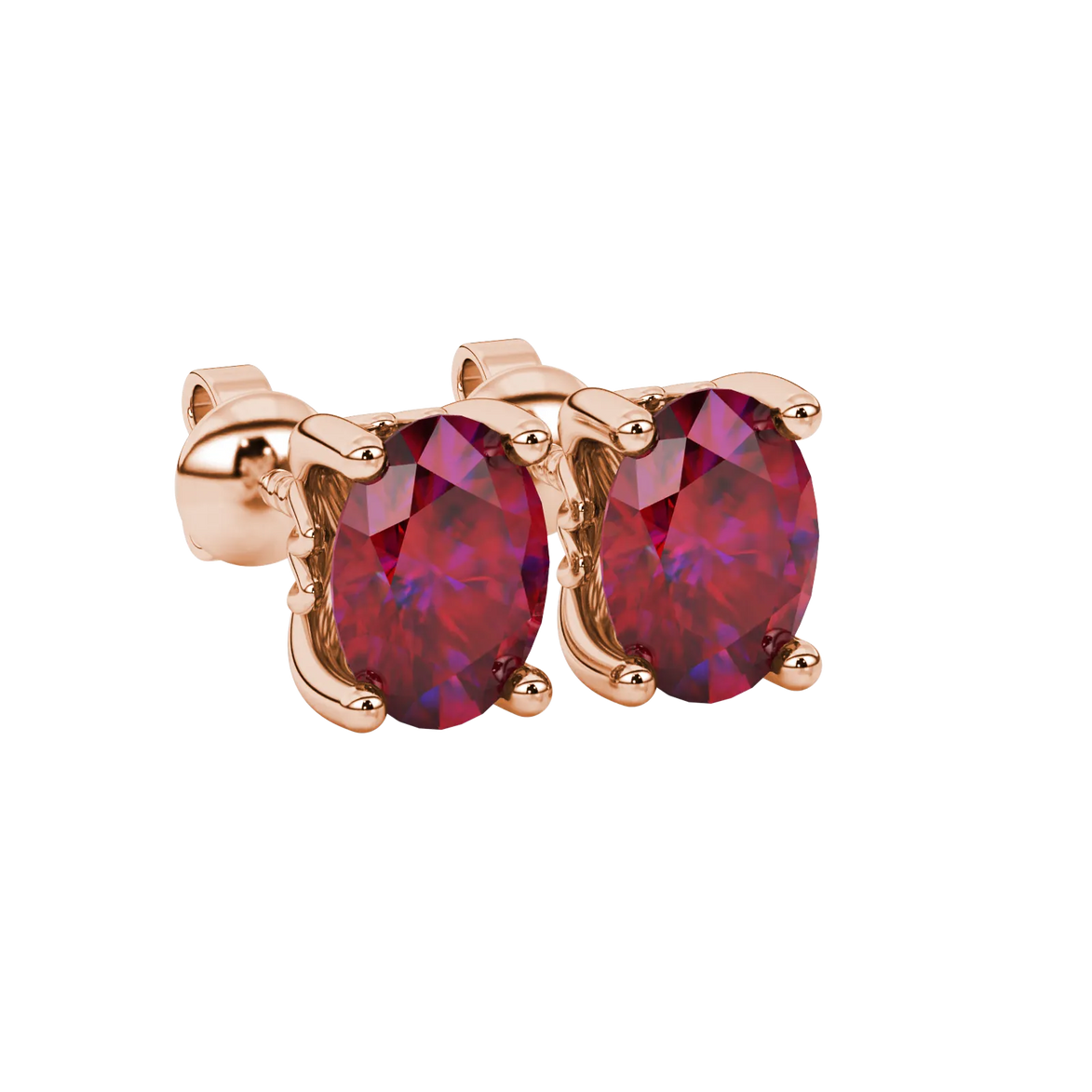 Close-up, oval cut raspberry red gemstone earrings, rose gold lotus basket.