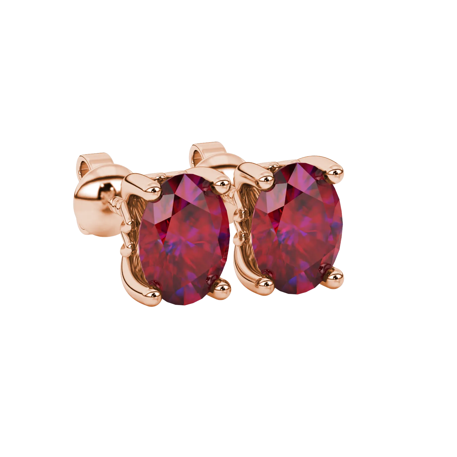 Close-up, oval cut raspberry red gemstone earrings, rose gold lotus basket.
