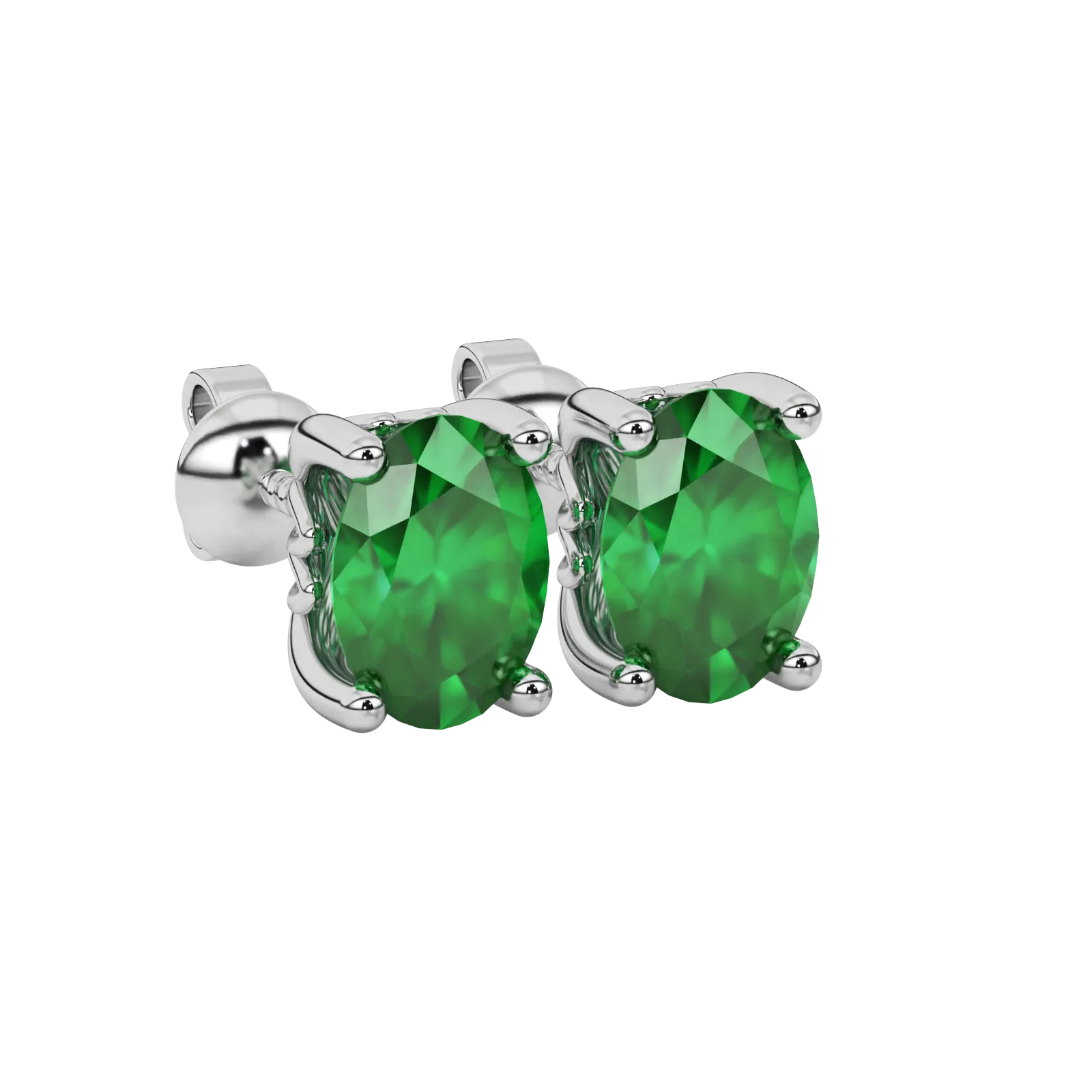 Close-up oval cut emerald green gemstone earing, white gold lotus basket.