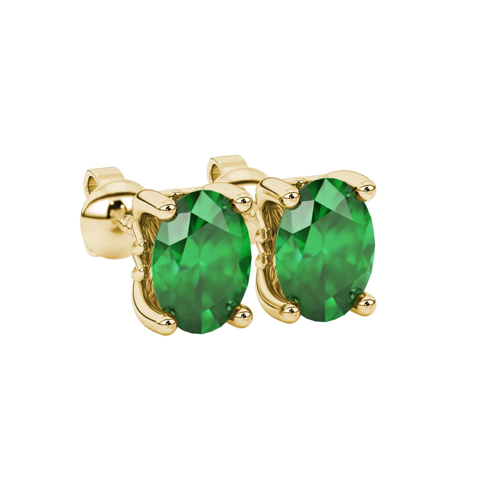 Oval cut emerald green gemstone earrings, yellow gold lotus basket setting.