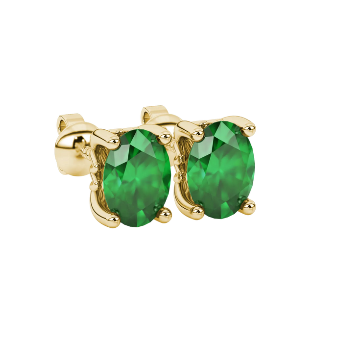 Oval cut emerald green gemstone earrings, yellow gold lotus basket setting.