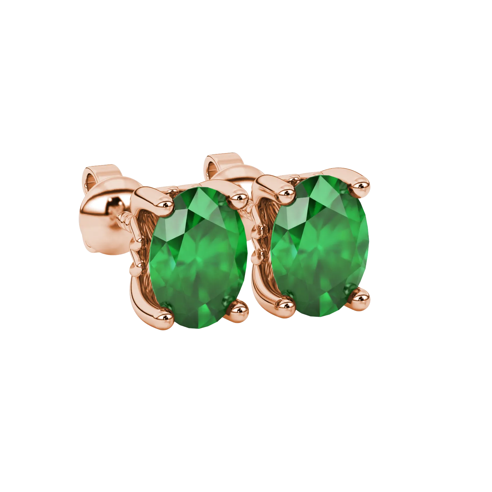 Close-up, oval cut emerald green gemstone earrings, rose gold lotus basket.