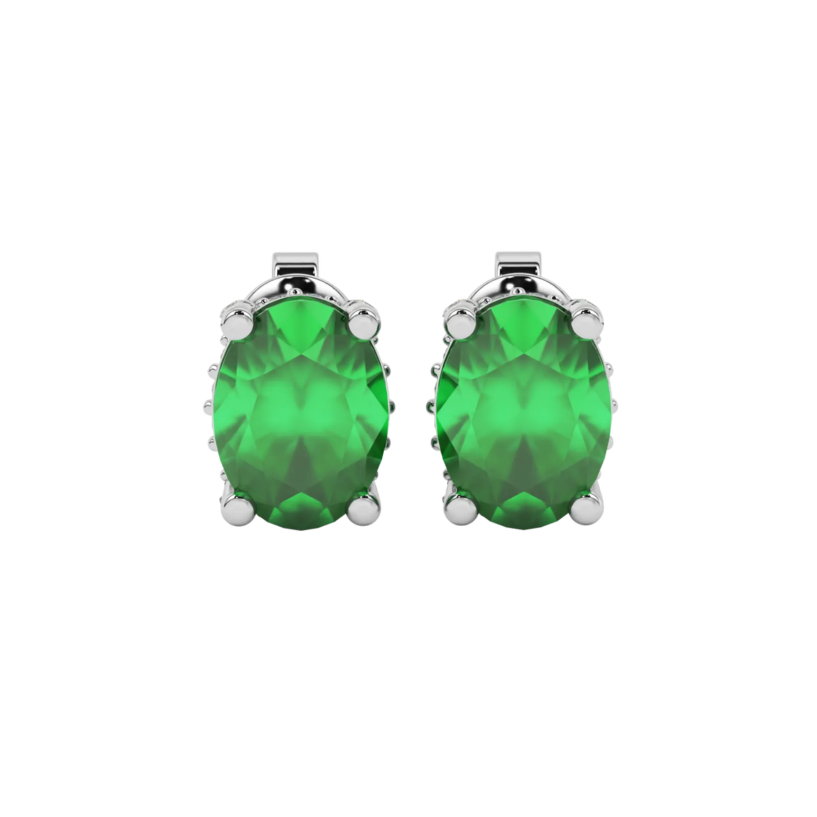 Oval cut emerald green gemstone earrings, white gold pavé basket setting.