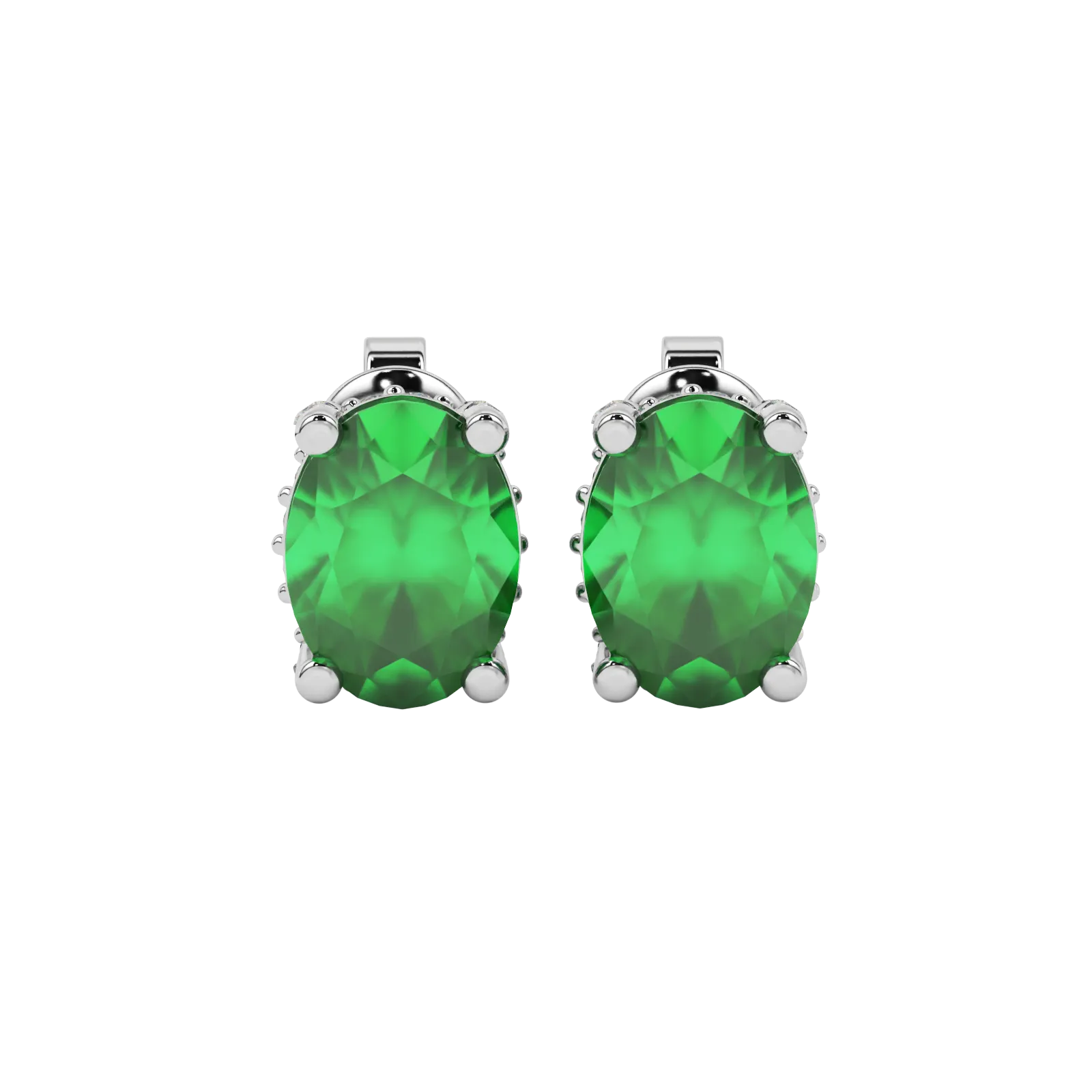 Oval cut emerald green gemstone earrings, white gold pavé basket setting.