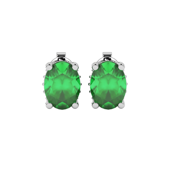 Oval cut emerald green gemstone earrings, white gold pavé basket setting.